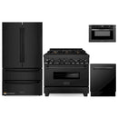 ZLINE 4-Piece Appliance Package - 36-Inch Dual Fuel Range with Brass Burners, Refrigerator, Microwave Drawer, and 3-Rack Dishwasher in Black Stainless Steel