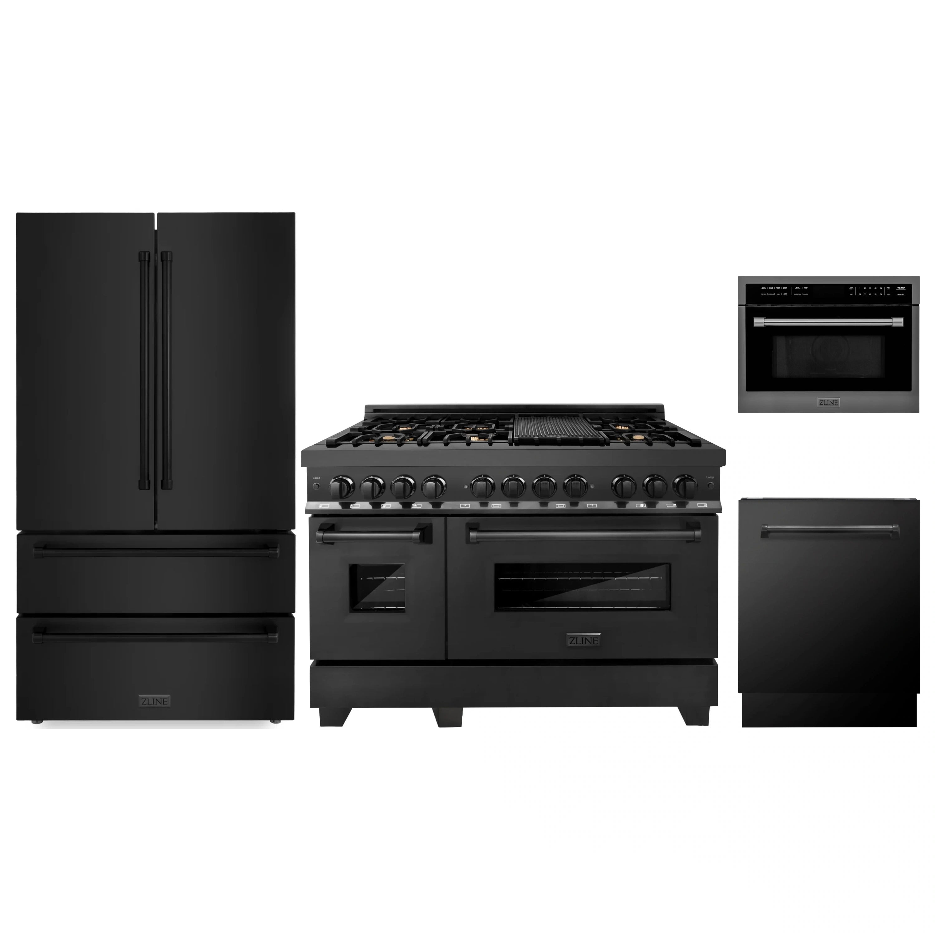 Black stainless appliance set with range, refrigerator, microwave, and dishwasher