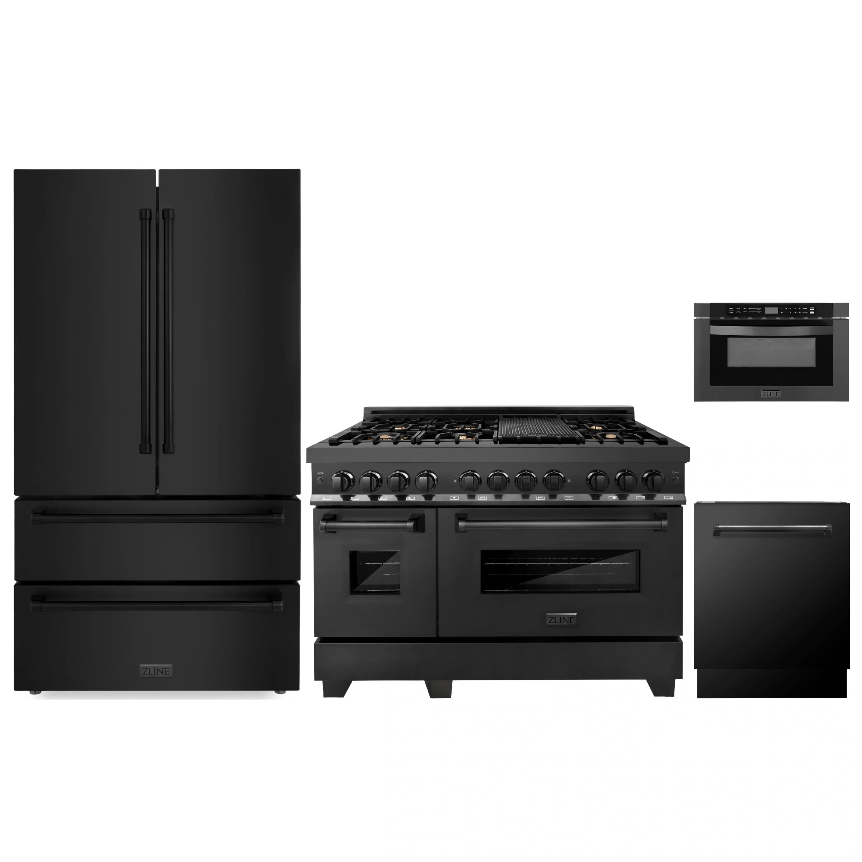 ZLINE 4-piece black stainless appliance package: refrigerator, range, wall oven, dishwasher