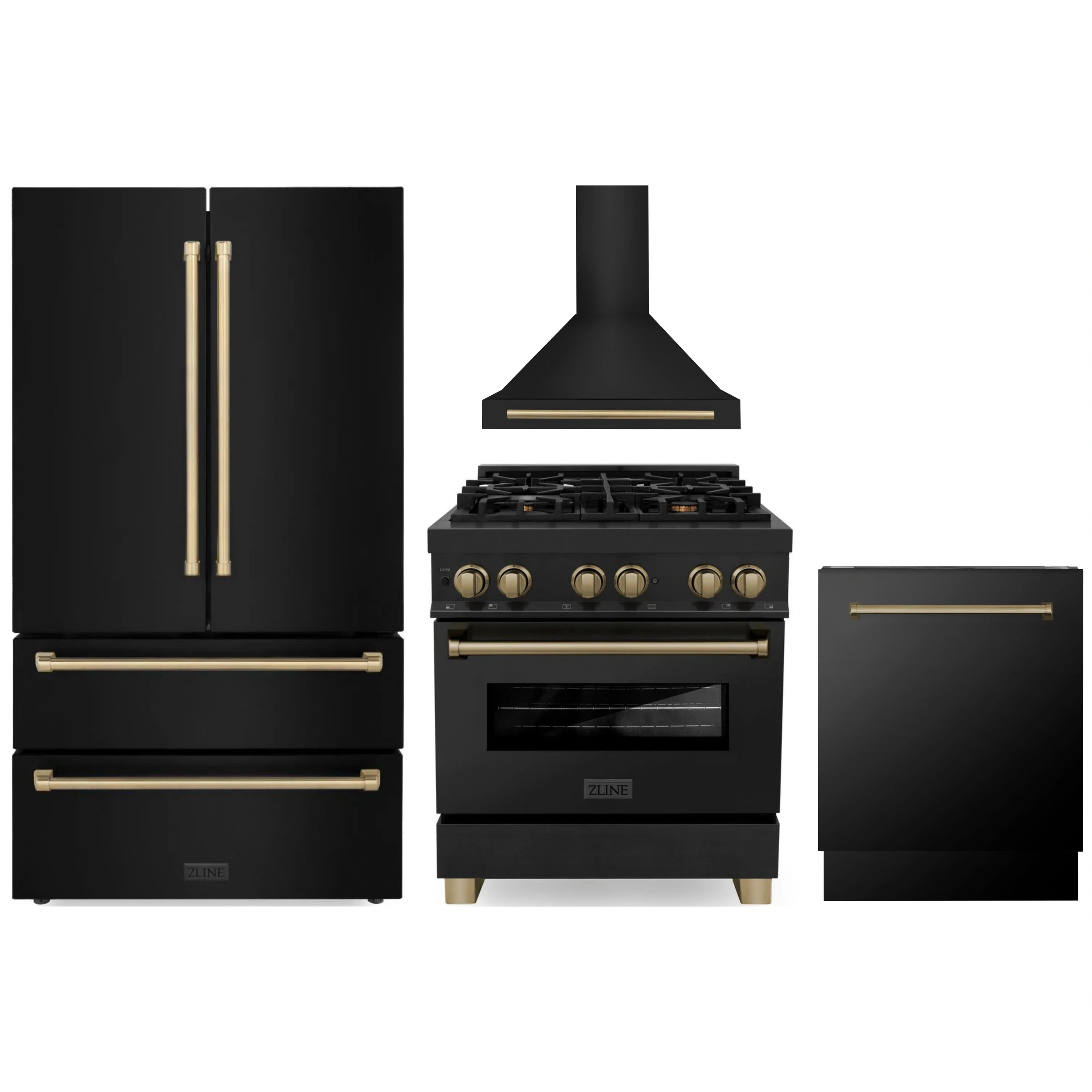 Black stainless kitchen appliance set with champagne bronze accents: fridge, range, hood, dishwasher