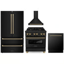 ZLINE 4-Piece Appliance Package - 30-Inch Legacy Dual Fuel Range, Wall Mount Range Hood, 36-Inch French Door Refrigerator, Dishwasher, in Black Stainless Steel with Champagne Bronze Accents