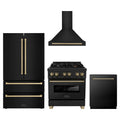 ZLINE 4-Piece Appliance Package - 30-Inch Legacy Dual Fuel Range, Wall Mount Range Hood, 36-Inch French Door Refrigerator, Dishwasher, in Black Stainless Steel with Champagne Bronze Accents