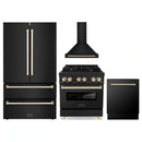 ZLINE 4-Piece Appliance Package - 30-Inch Legacy Dual Fuel Range, Wall Mount Range Hood, 36-Inch French Door Refrigerator, Dishwasher, in Black Stainless Steel with Gold Accents