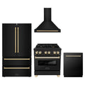 ZLINE 4-Piece Appliance Package - 30-Inch Legacy Dual Fuel Range, Wall Mount Range Hood, 36-Inch French Door Refrigerator, Dishwasher, in Black Stainless Steel with Gold Accents