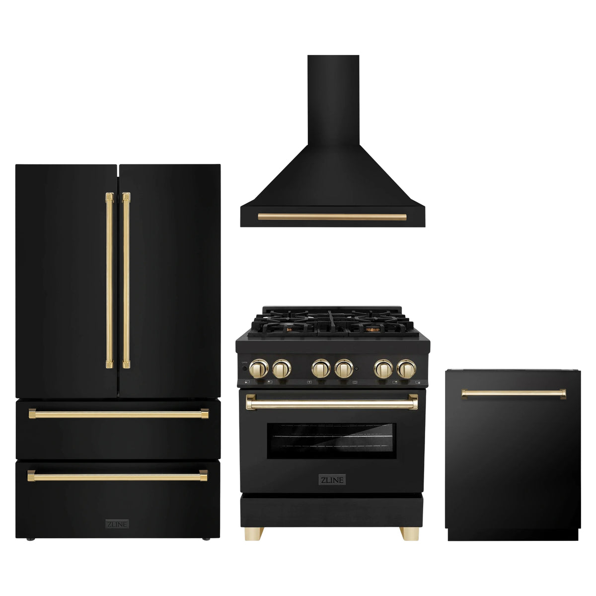 ZLINE 4-Piece Appliance Package - 30-Inch Legacy Dual Fuel Range, Wall Mount Range Hood, 36-Inch French Door Refrigerator, Dishwasher, in Black Stainless Steel with Gold Accents