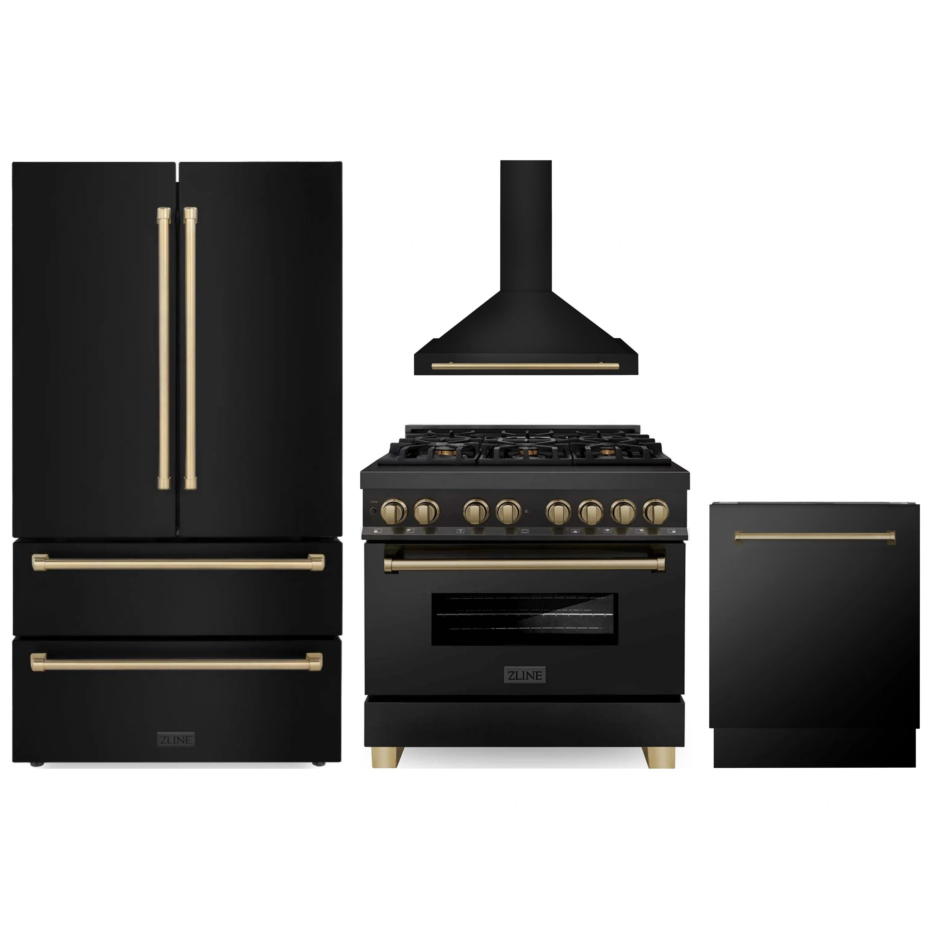 Black range with champagne bronze accents, plus matching refrigerator and hood