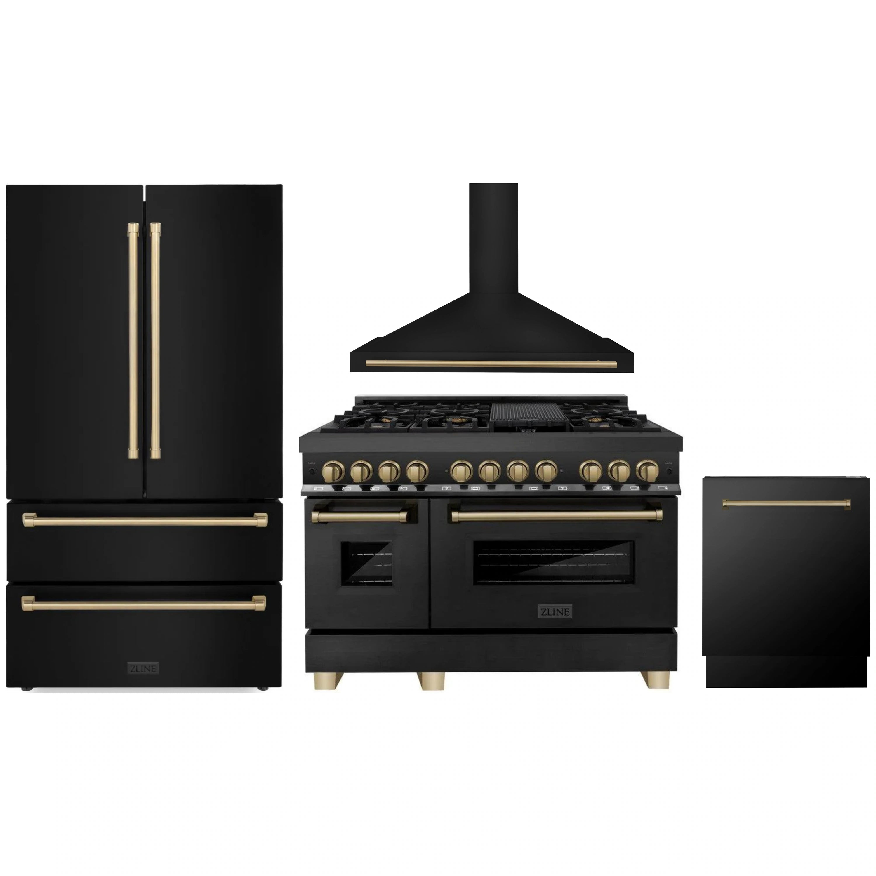 Appliance set in black with champagne bronze accents: refrigerator, range, and hood.