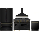 ZLINE 4-Piece Appliance Package - 48-Inch Legacy Dual Fuel Range, Wall Mount Range Hood, 36-Inch French Door Refrigerator, Dishwasher, in Black Stainless Steel with Champagne Bronze Accents