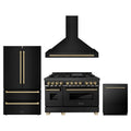 ZLINE 4-Piece Appliance Package - 48-Inch Legacy Dual Fuel Range, Wall Mount Range Hood, 36-Inch French Door Refrigerator, Dishwasher, in Black Stainless Steel with Champagne Bronze Accents