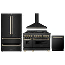 ZLINE 4-Piece Appliance Package - 48-Inch Legacy Dual Fuel Range, Wall Mount Range Hood, 36-Inch French Door Refrigerator, Dishwasher, in Black Stainless Steel with Gold Accents