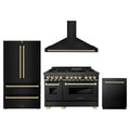 ZLINE 4-Piece Appliance Package - 48-Inch Legacy Dual Fuel Range, Wall Mount Range Hood, 36-Inch French Door Refrigerator, Dishwasher, in Black Stainless Steel with Gold Accents
