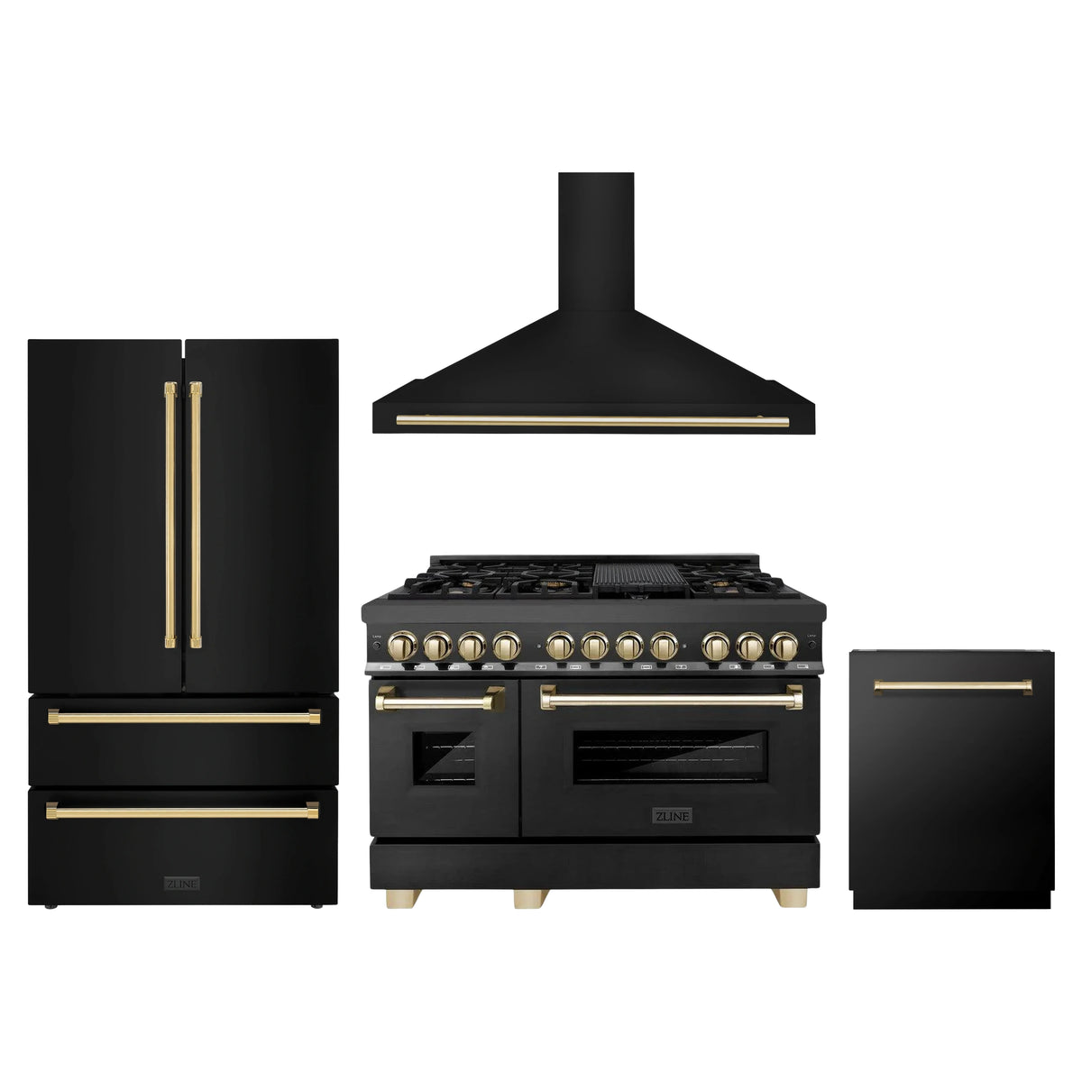 ZLINE 4-Piece Appliance Package - 48-Inch Legacy Dual Fuel Range, Wall Mount Range Hood, 36-Inch French Door Refrigerator, Dishwasher, in Black Stainless Steel with Gold Accents
