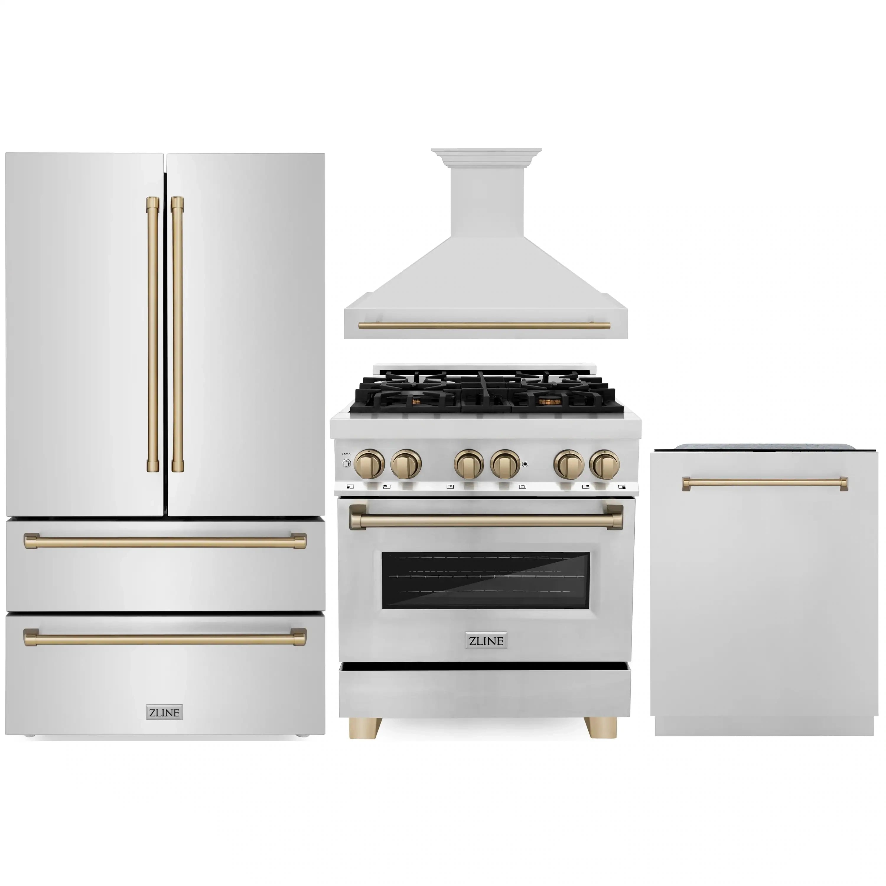 Stainless steel appliance package with French door refrigerator, dual fuel range, dishwasher