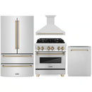 ZLINE 4-Piece Appliance Package - 30-Inch Legacy Autograph Dual Fuel Range, Wall Mount Range Hood, 36-Inch French Door Refrigerator, Dishwasher, in Stainless Steel with Champagne Bronze Accents