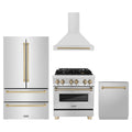 ZLINE 4-Piece Appliance Package - 30-Inch Legacy Autograph Dual Fuel Range, Wall Mount Range Hood, 36-Inch French Door Refrigerator, Dishwasher, in Stainless Steel with Champagne Bronze Accents