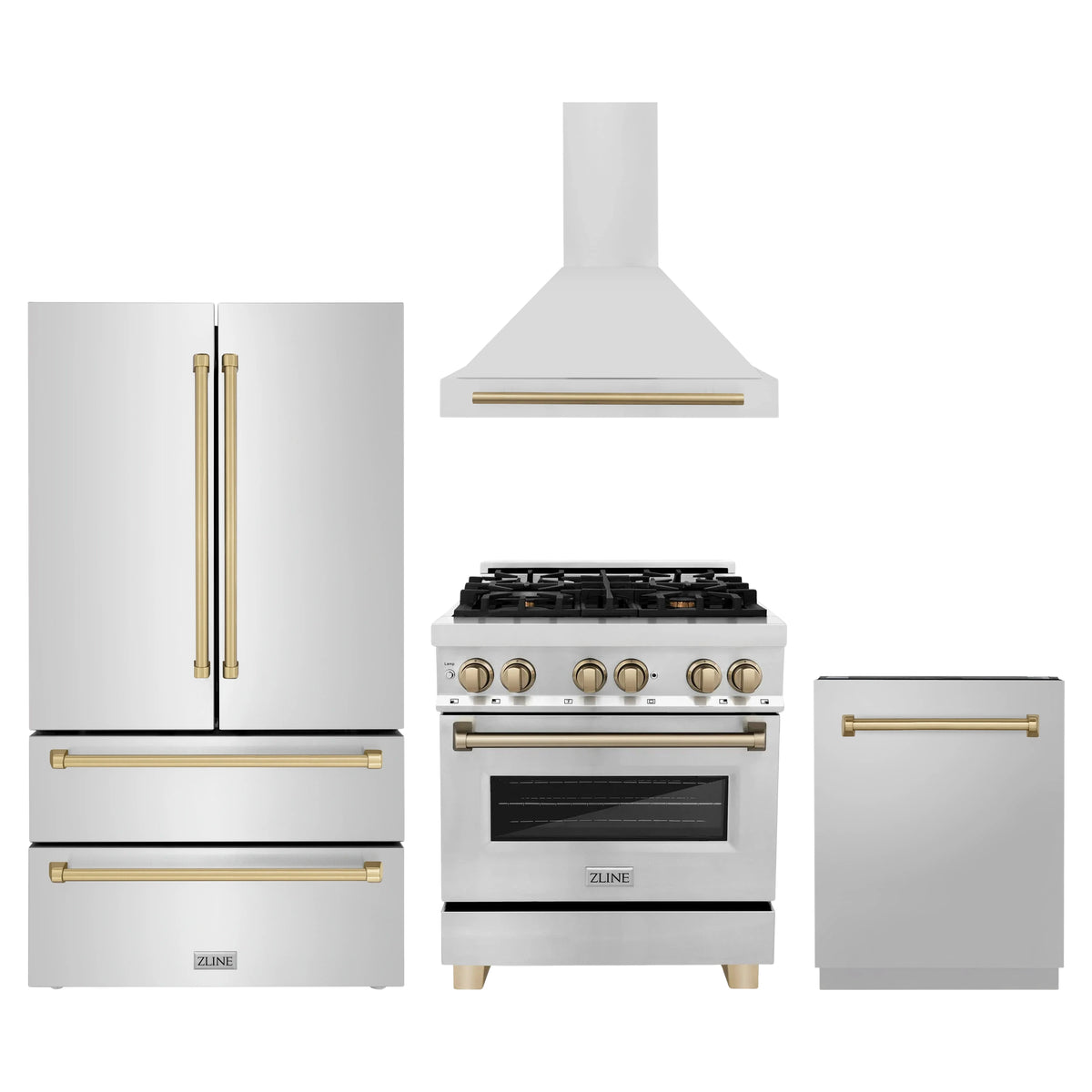 ZLINE 4-Piece Appliance Package - 30-Inch Legacy Autograph Dual Fuel Range, Wall Mount Range Hood, 36-Inch French Door Refrigerator, Dishwasher, in Stainless Steel with Champagne Bronze Accents