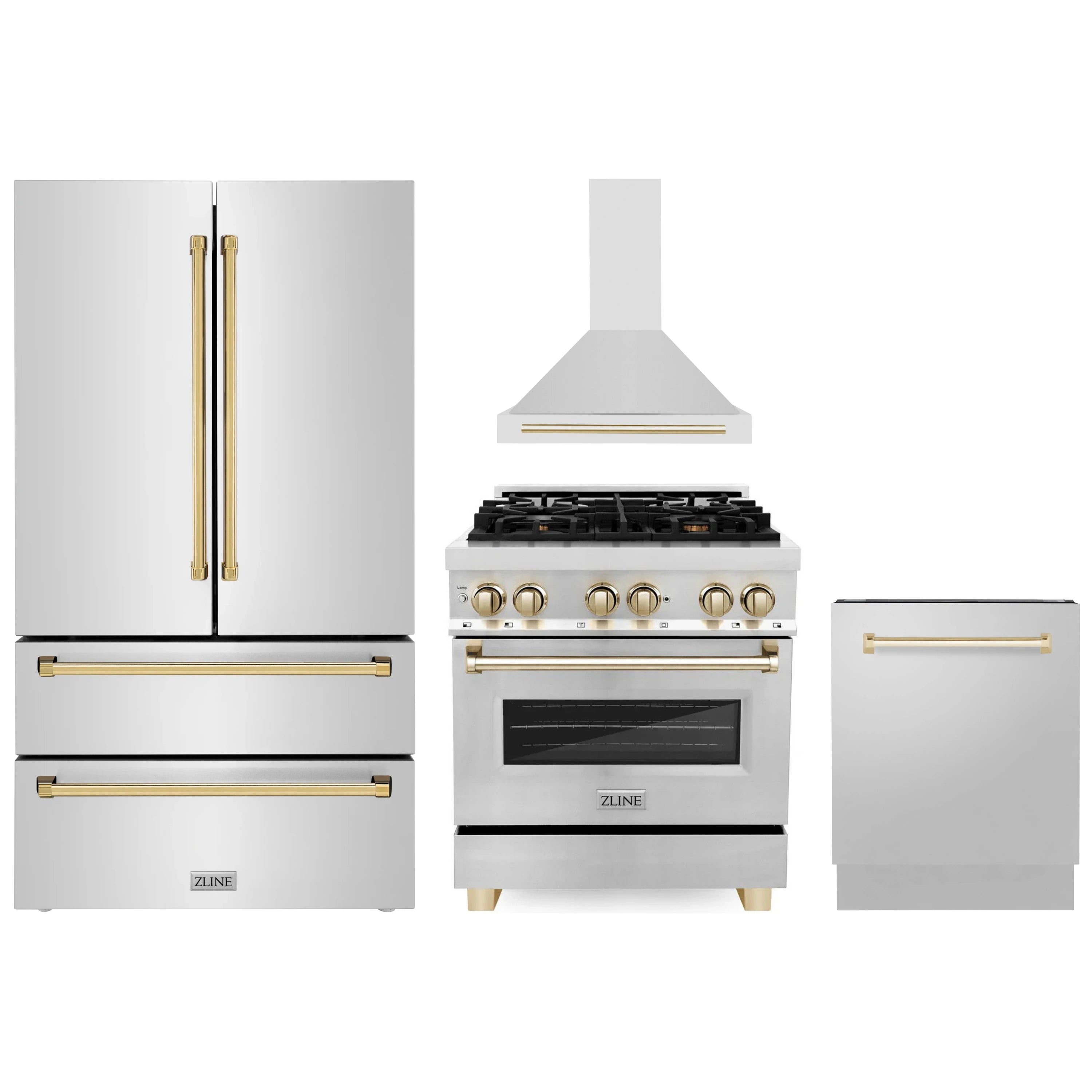 Stainless steel kitchen appliance set with gold-accented refrigerator, range, hood, dishwasher