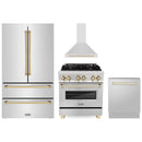 ZLINE 4-Piece Appliance Package - 30-Inch Legacy Autograph Dual Fuel Range, Wall Mount Range Hood, 36-Inch French Door Refrigerator, Dishwasher, in Stainless Steel with Gold Accents