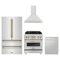 ZLINE 4-Piece Appliance Package - 30-Inch Legacy Autograph Dual Fuel Range, Wall Mount Range Hood, 36-Inch French Door Refrigerator, Dishwasher, in Stainless Steel with Gold Accents