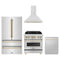 ZLINE 4-Piece Appliance Package - 30-Inch Legacy Autograph Dual Fuel Range, Wall Mount Range Hood, 36-Inch French Door Refrigerator, Dishwasher, in Stainless Steel with Gold Accents