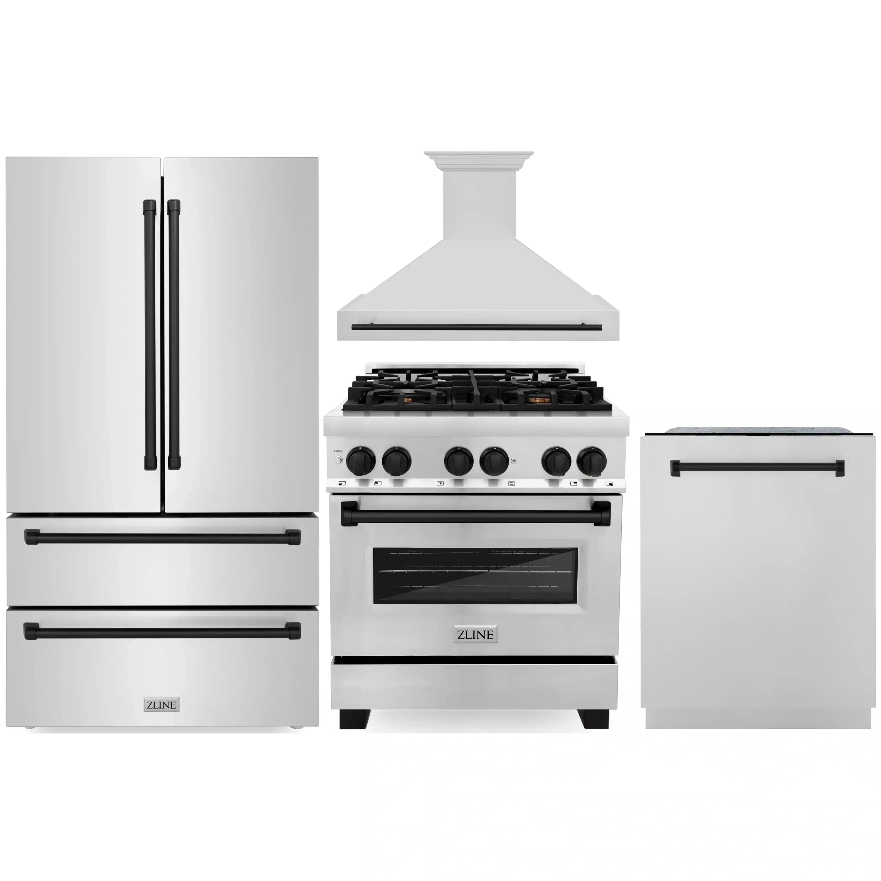 Stainless steel kitchen appliance package with matte black accents: refrigerator, range, dishwasher