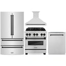 ZLINE 4-Piece Appliance Package - 30-Inch Legacy Autograph Dual Fuel Range, Wall Mount Range Hood, 36-Inch French Door Refrigerator, Dishwasher, in Stainless Steel with Matte Black Accents
