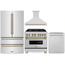 ZLINE 4-Piece Appliance Package - 36-Inch Legacy Autograph Dual Fuel Range, Wall Mount Range Hood, 36-Inch French Door Refrigerator, Dishwasher, in Stainless Steel with Champagne Bronze Accents