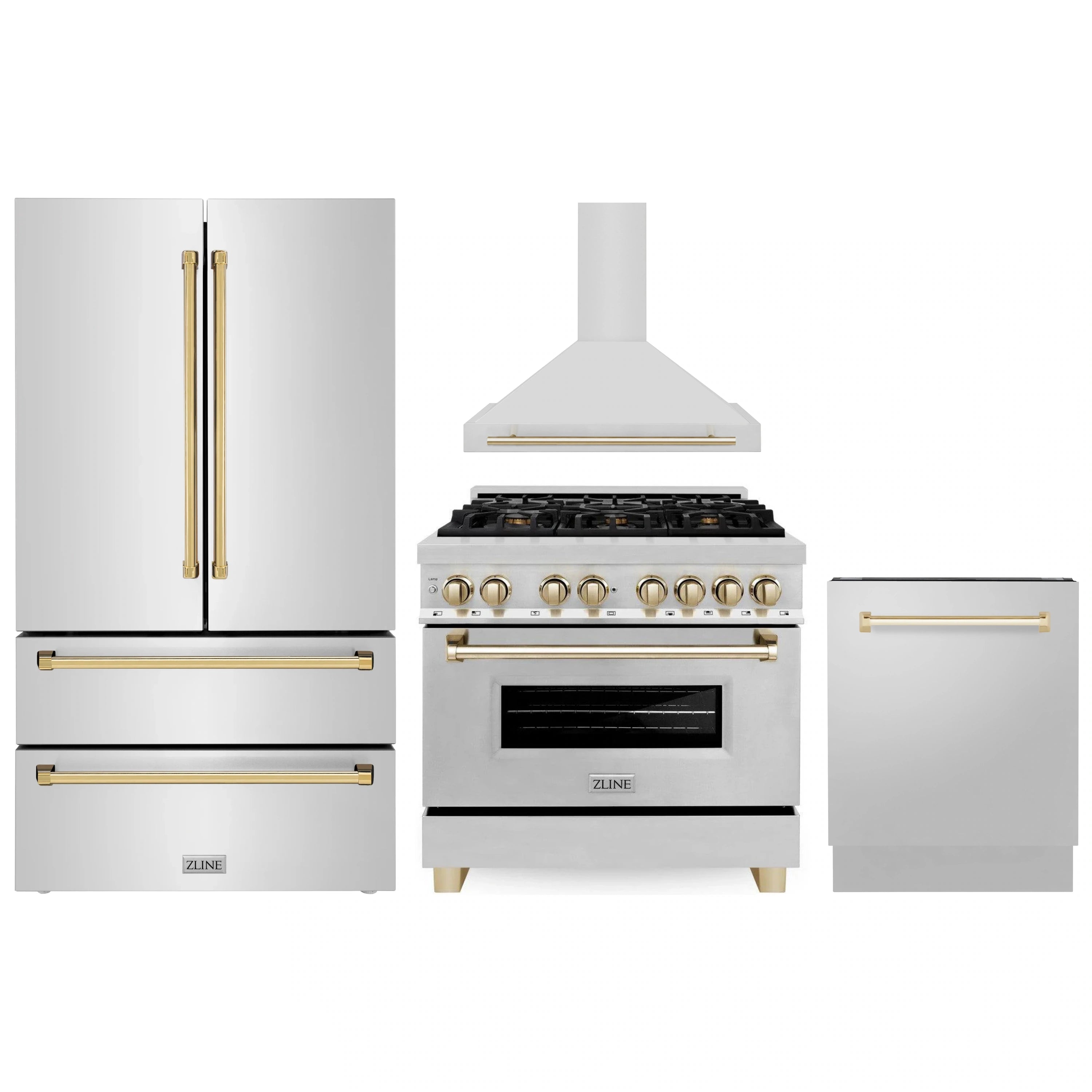 Stainless steel 4-piece appliance package with gold-accented refrigerator, range, hood, dishwasher