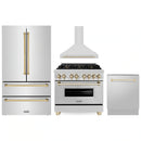 ZLINE 4-Piece Appliance Package - 36-Inch Legacy Autograph Dual Fuel Range, Wall Mount Range Hood, 36-Inch French Door Refrigerator, Dishwasher, in Stainless Steel with Gold Accents