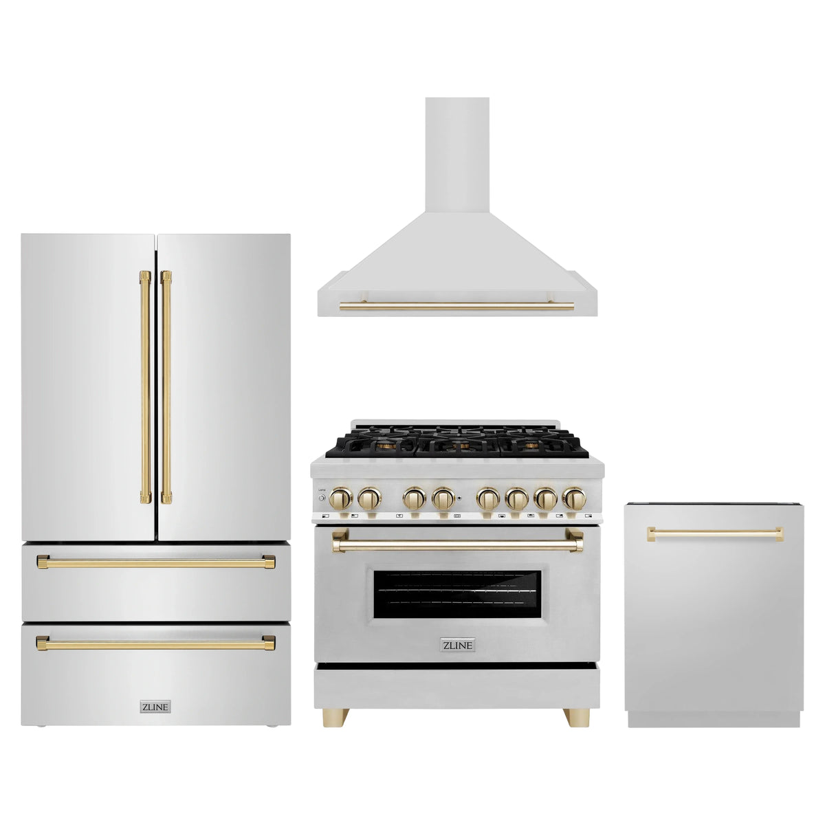 ZLINE 4-Piece Appliance Package - 36-Inch Legacy Autograph Dual Fuel Range, Wall Mount Range Hood, 36-Inch French Door Refrigerator, Dishwasher, in Stainless Steel with Gold Accents