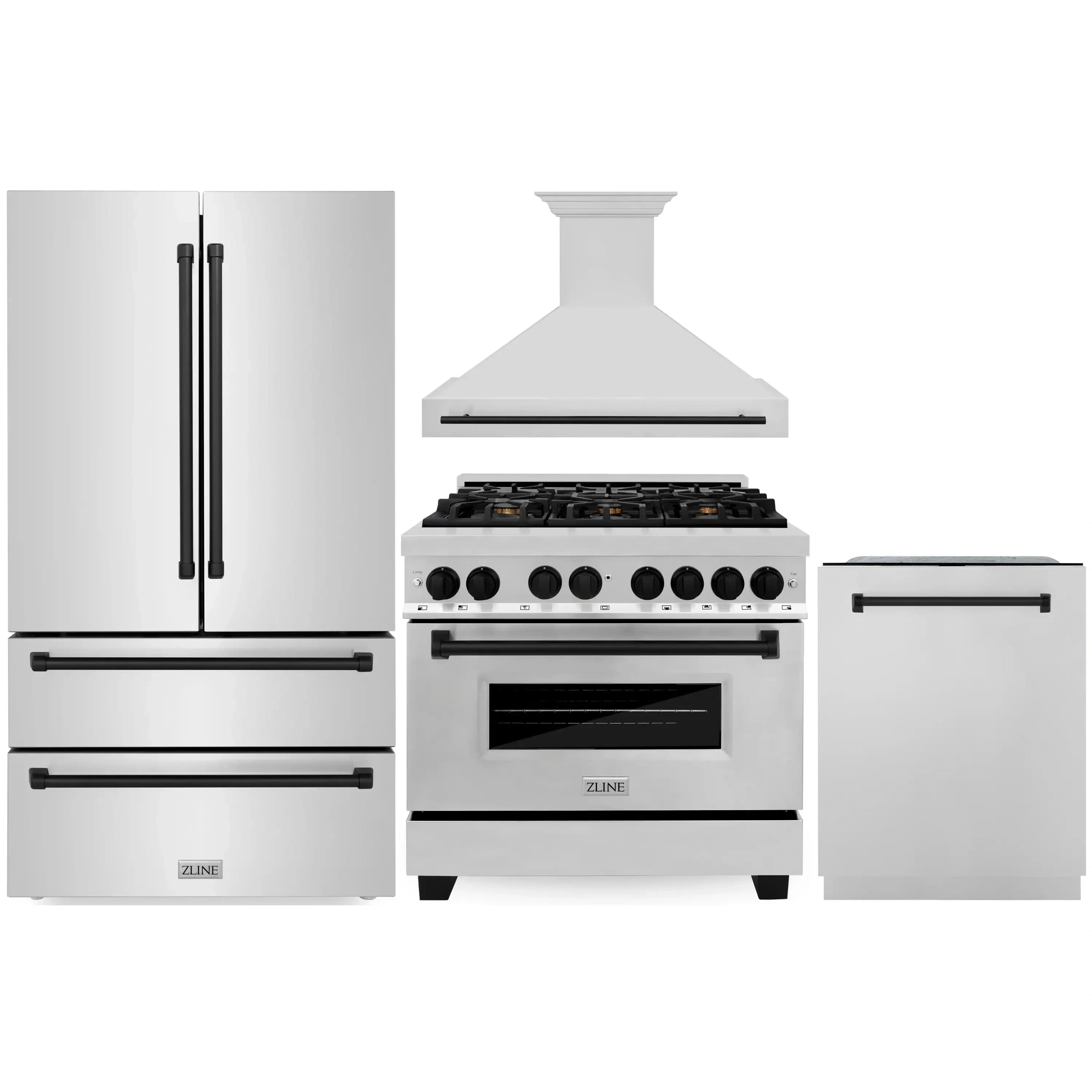 Stainless steel range with wall hood, plus refrigerator and dishwasher
