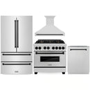 ZLINE 4-Piece Appliance Package - 36-Inch Legacy Autograph Dual Fuel Range, Wall Mount Range Hood, 36-Inch French Door Refrigerator, Dishwasher, in Stainless Steel with Matte Black Accents
