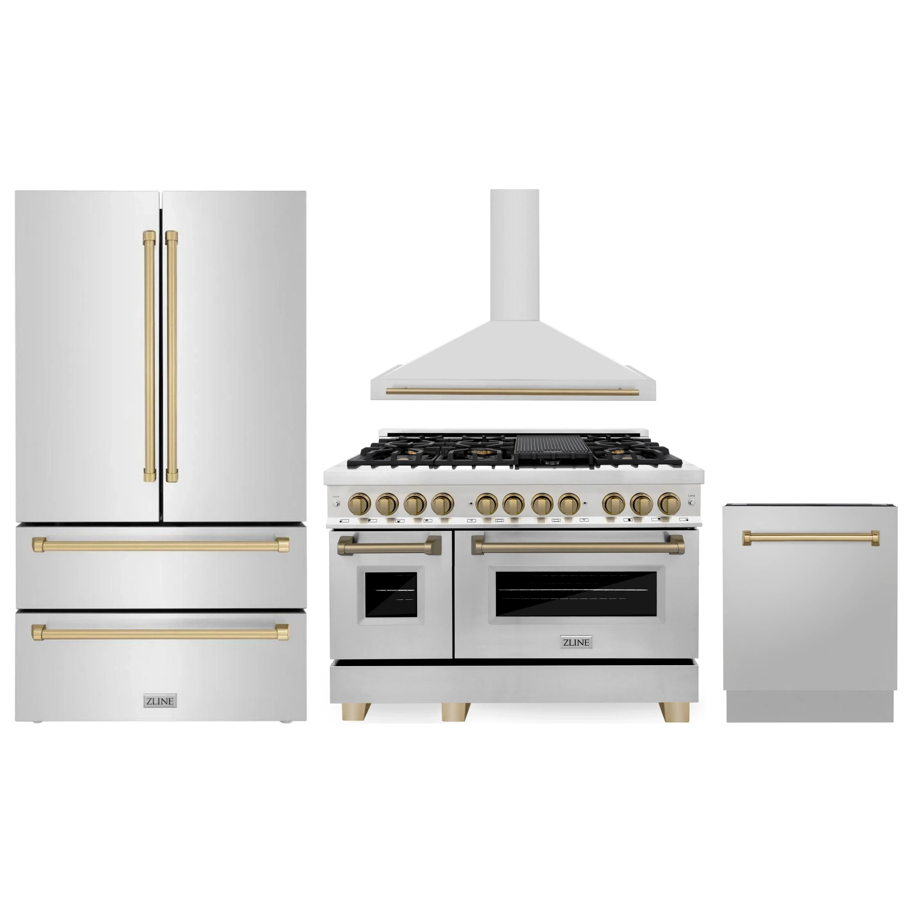 Stainless range and refrigerator set with champagne bronze cabinet accents