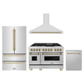 ZLINE 4-Piece Appliance Package - 48-Inch Legacy Autograph Dual Fuel Range, Wall Mount Range Hood, 36-Inch French Door Refrigerator, Dishwasher, in Stainless Steel with Champagne Bronze Accents