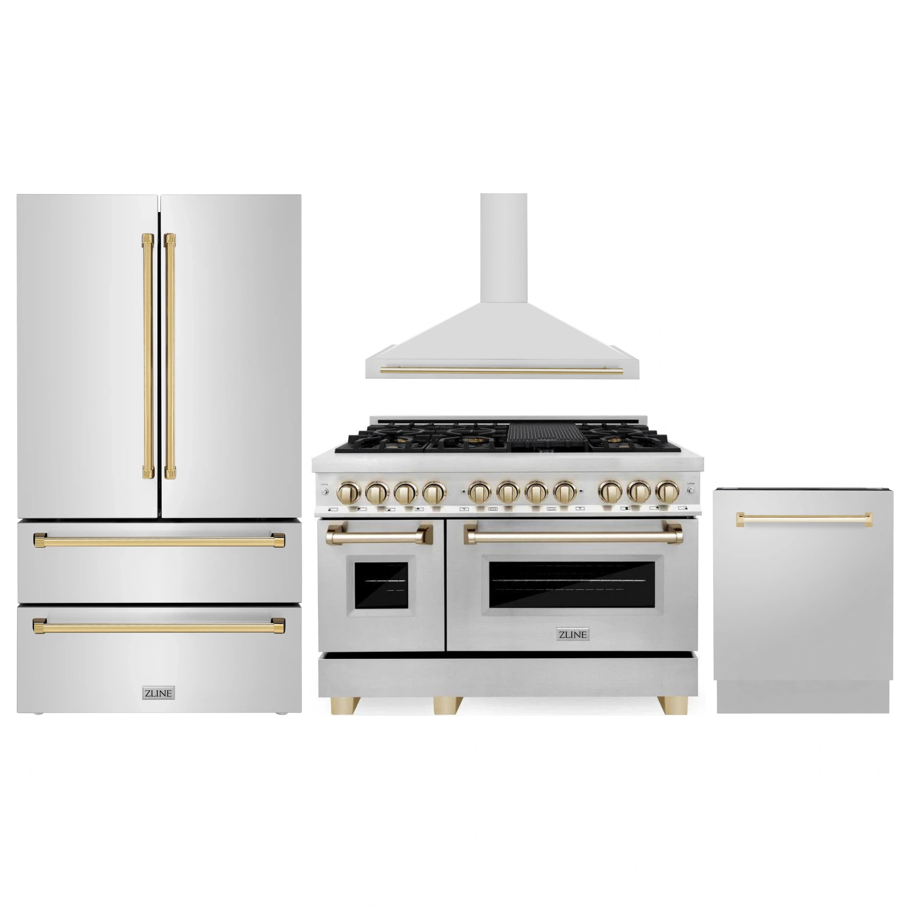 Stainless steel appliance set featuring range, refrigerator, and dishwasher with gold handles