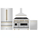 ZLINE 4-Piece Appliance Package - 48-Inch Legacy Autograph Dual Fuel Range, Wall Mount Range Hood, 36-Inch French Door Refrigerator, Dishwasher, in Stainless Steel with Gold Accents