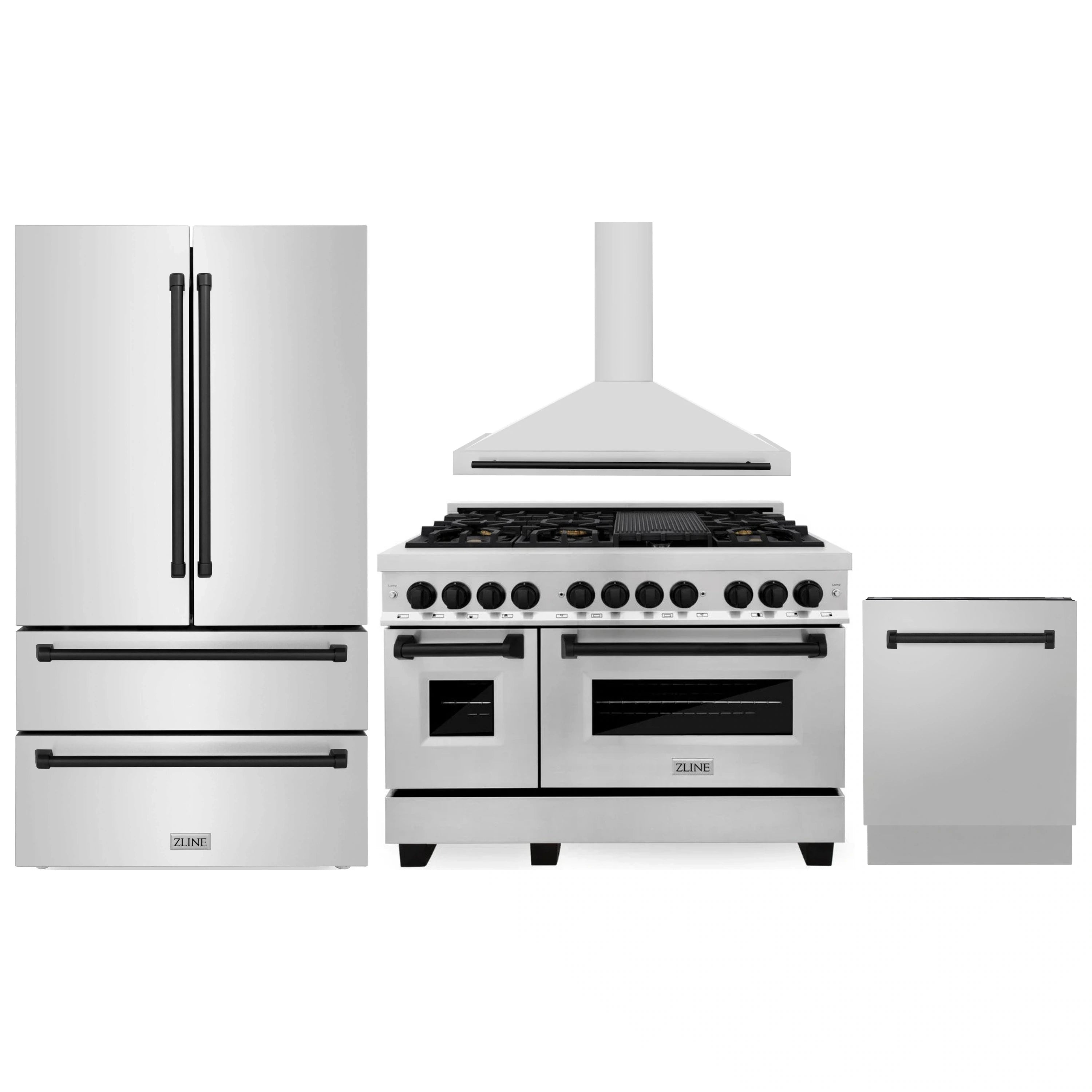 Stainless steel kitchen appliance set with dual fuel range, wall hood, refrigerator and dishwasher