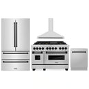 ZLINE 4-Piece Appliance Package - 48-Inch Legacy Autograph Dual Fuel Range, Wall Mount Range Hood, 36-Inch French Door Refrigerator, Dishwasher, in Stainless Steel with Matte Black Accents