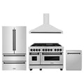 ZLINE 4-Piece Appliance Package - 48-Inch Legacy Autograph Dual Fuel Range, Wall Mount Range Hood, 36-Inch French Door Refrigerator, Dishwasher, in Stainless Steel with Matte Black Accents