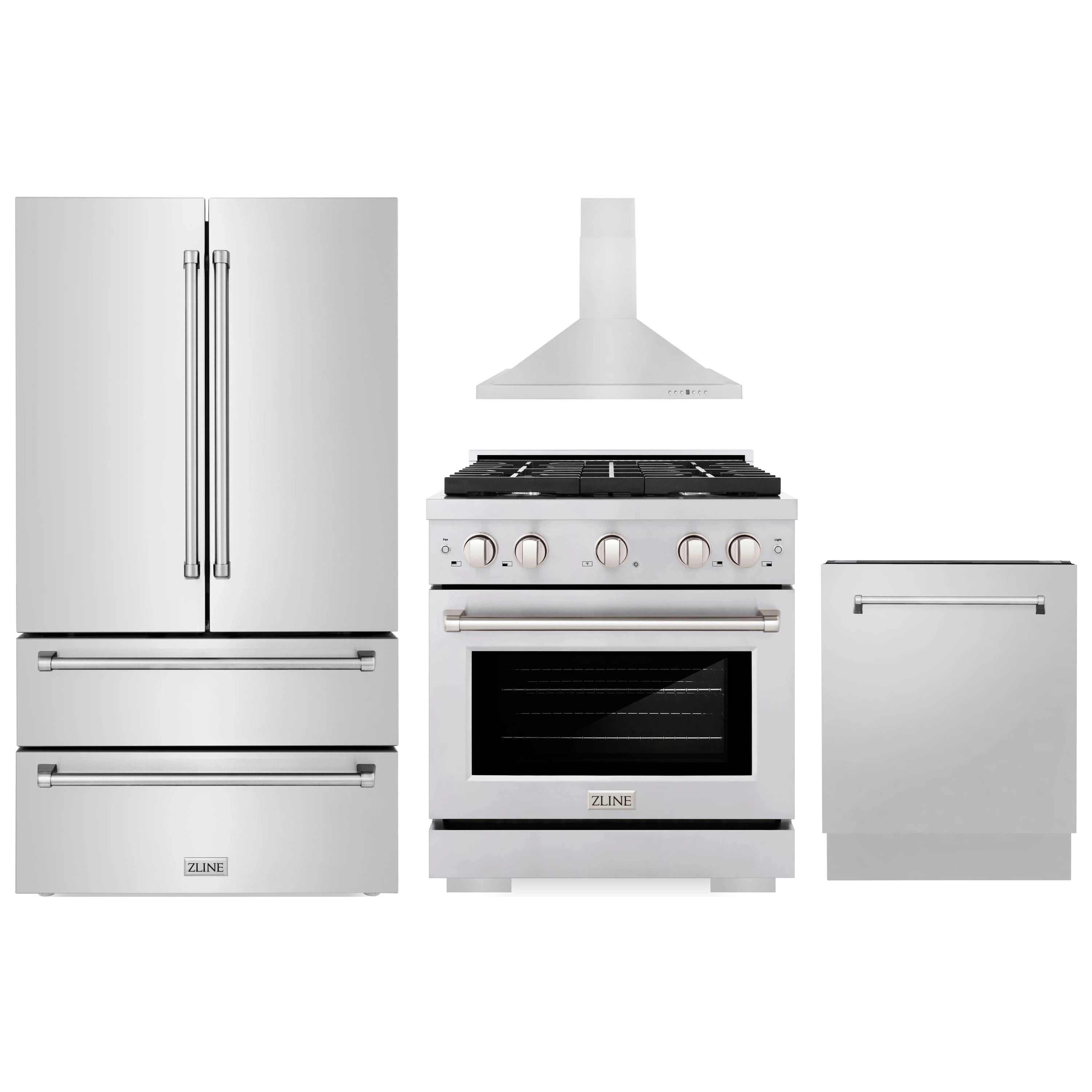 Stainless steel kitchen appliance set with refrigerator, range, range hood, and dishwasher