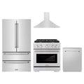 ZLINE 4-Piece Appliance Package - 30-Inch Paramount Dual Fuel Range, Wall Mount Range Hood, 36-Inch French Door Refrigerator, Dishwasher, in Stainless Steel