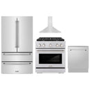 ZLINE 4-Piece Appliance Package - 30-Inch Paramount Dual Fuel Range, Wall Mount Range Hood, 36-Inch French Door Refrigerator, Dishwasher, in Stainless Steel