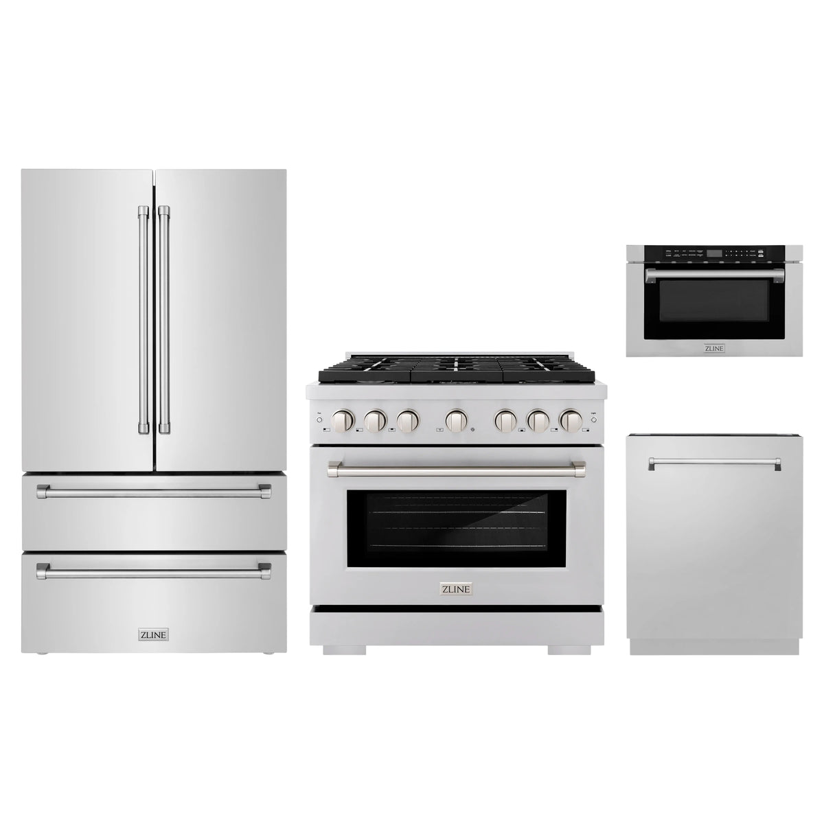 ZLINE 4-Piece Appliance Package - 36-Inch Paramount Dual Fuel Range, Refrigerator, Dishwasher, and 24-Inch Microwave Drawer in Stainless Steel