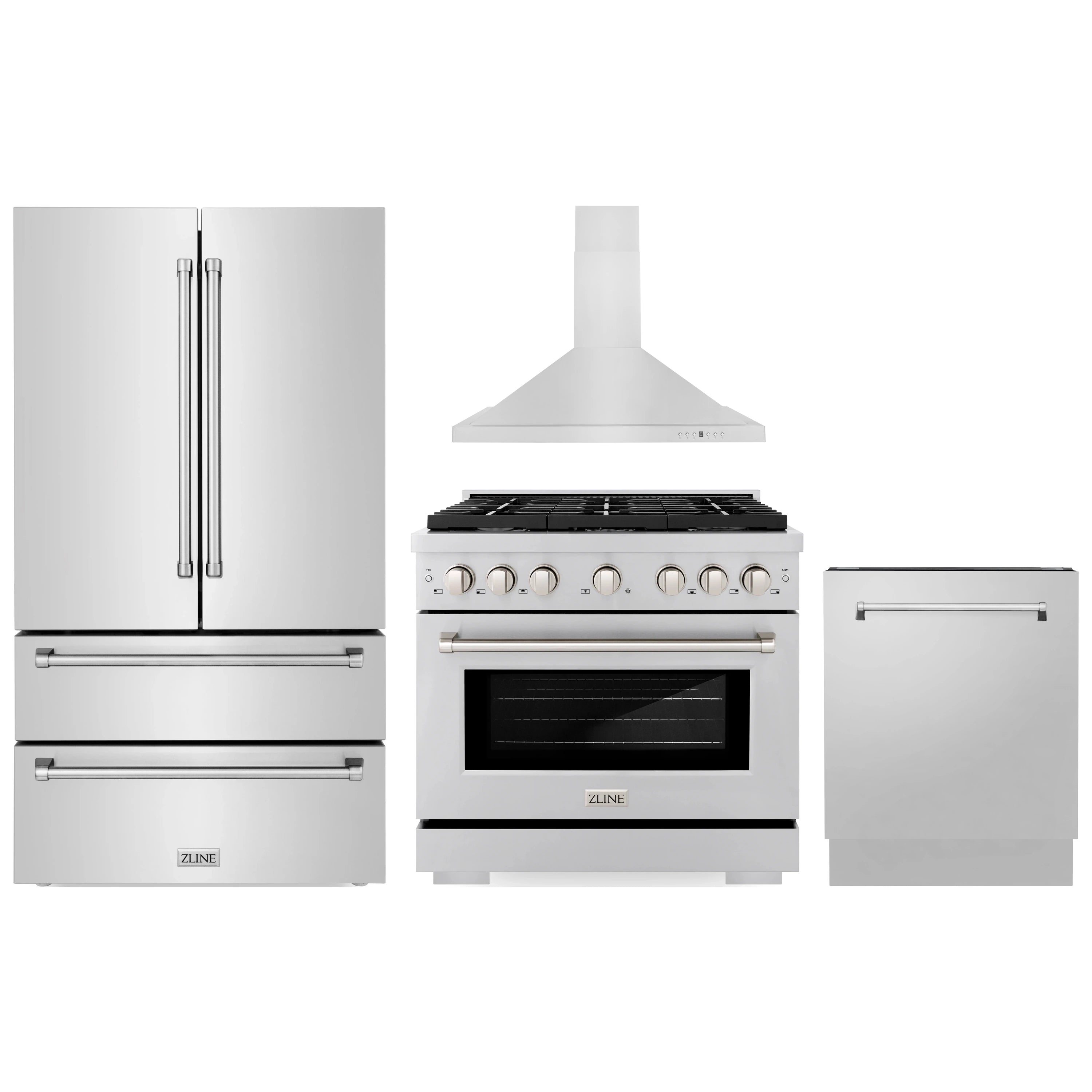 Stainless kitchen appliance set with refrigerator, range, wall hood, and dishwasher