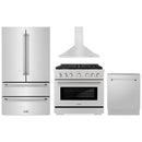 ZLINE 4-Piece Appliance Package - 36-Inch Paramount Dual Fuel Range, Wall Mount Range Hood, 36-Inch French Door Refrigerator, Dishwasher, in Stainless Steel