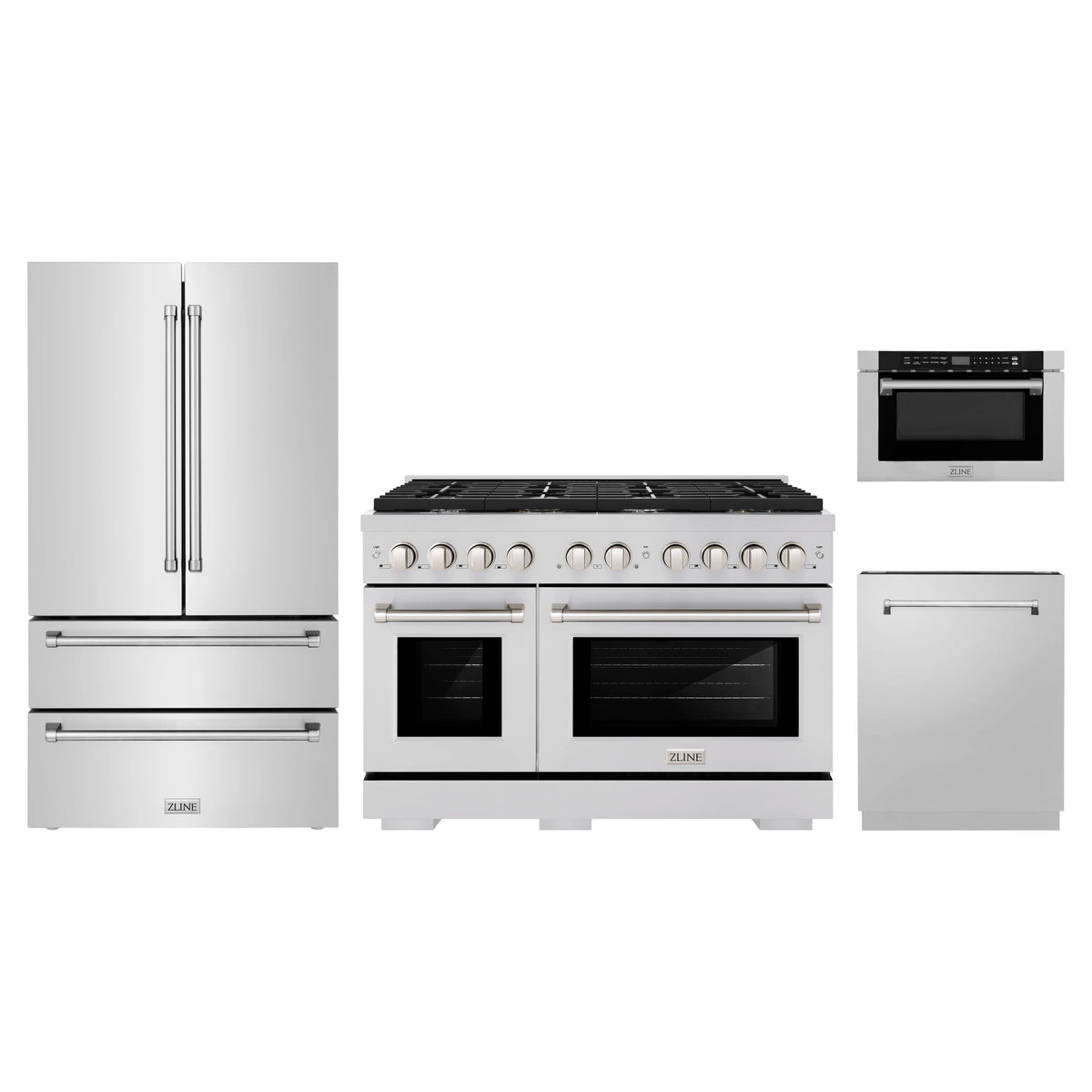 ZLINE 4-Piece Appliance Package - 48-Inch Paramount Dual Fuel Range, Refrigerator, Dishwasher, and 24-Inch Microwave Drawer in Stainless Steel