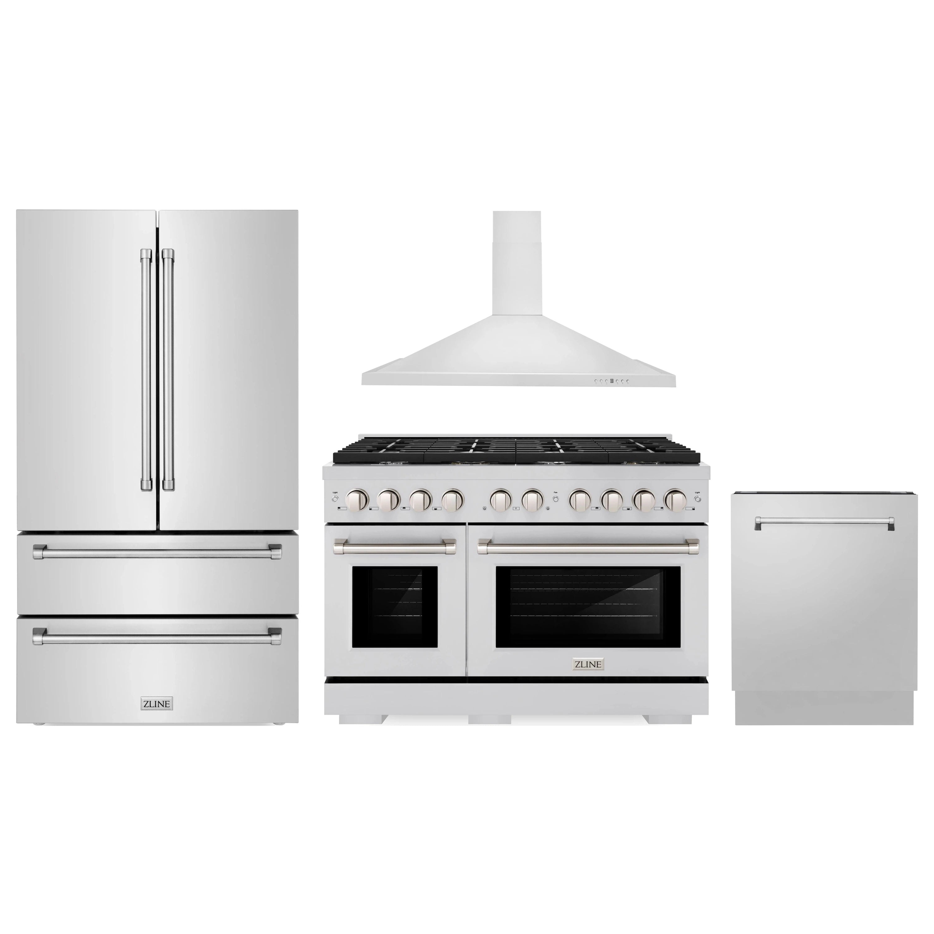 White kitchen appliance set with refrigerator, dual-fuel range, and dishwasher