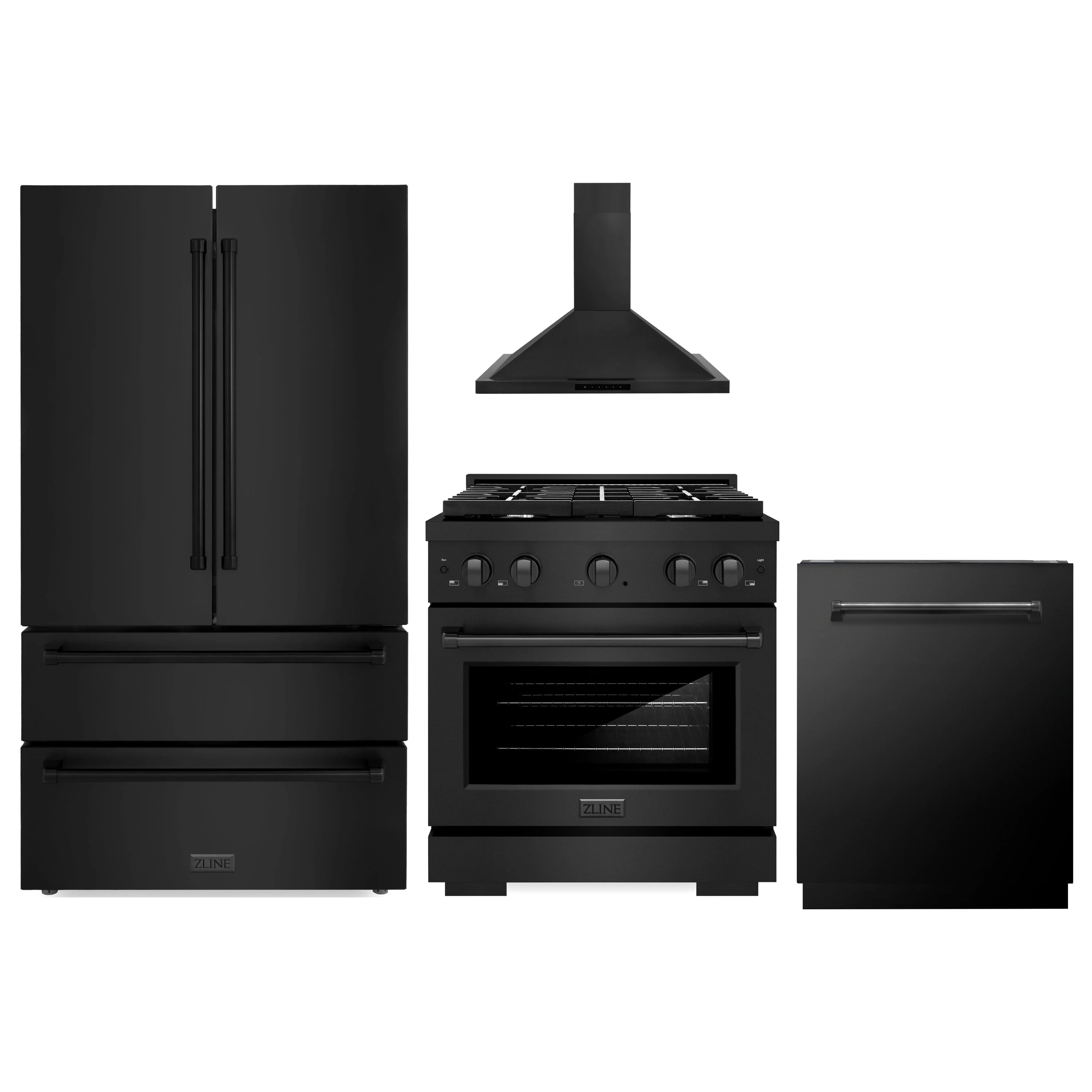 Black appliance set featuring refrigerator, range hood, dual-fuel range, and dishwasher