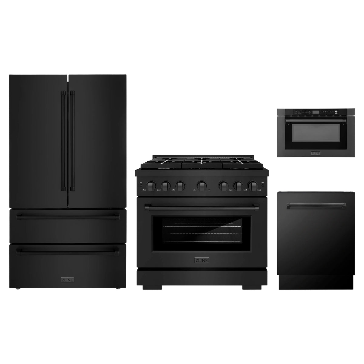 ZLINE 4-Piece Appliance Package - 36-Inch Paramount Dual Fuel Range, Refrigerator, Dishwasher, and 24-Inch Microwave Drawer in Black Stainless Steel