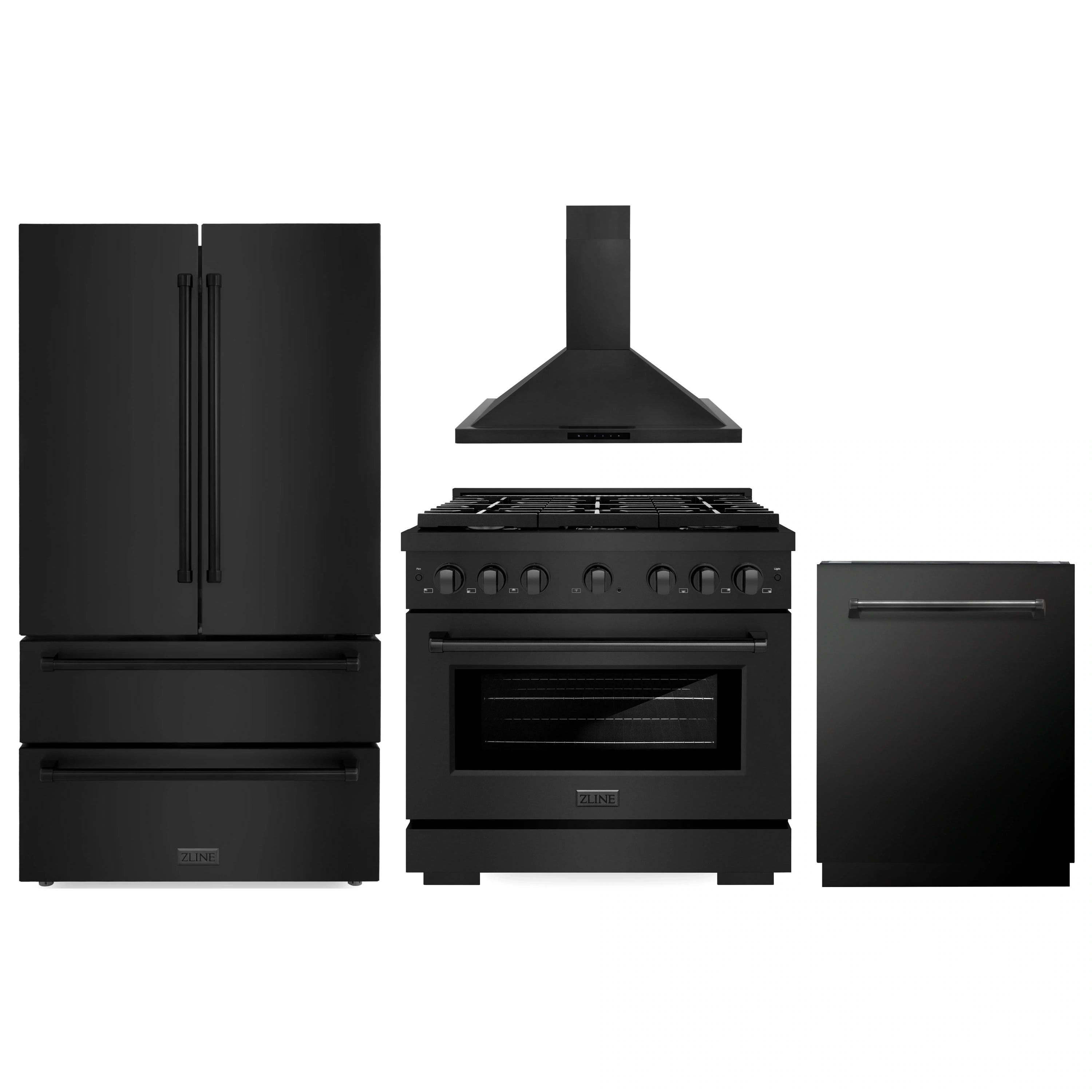 Black stainless appliance package: refrigerator, dual fuel range, range hood, dishwasher